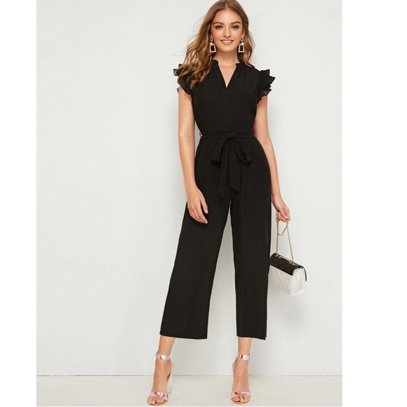 Black Elegant Belted Jumpsuit V-Neck Cap Short Sleeve - Picture 6 of 8